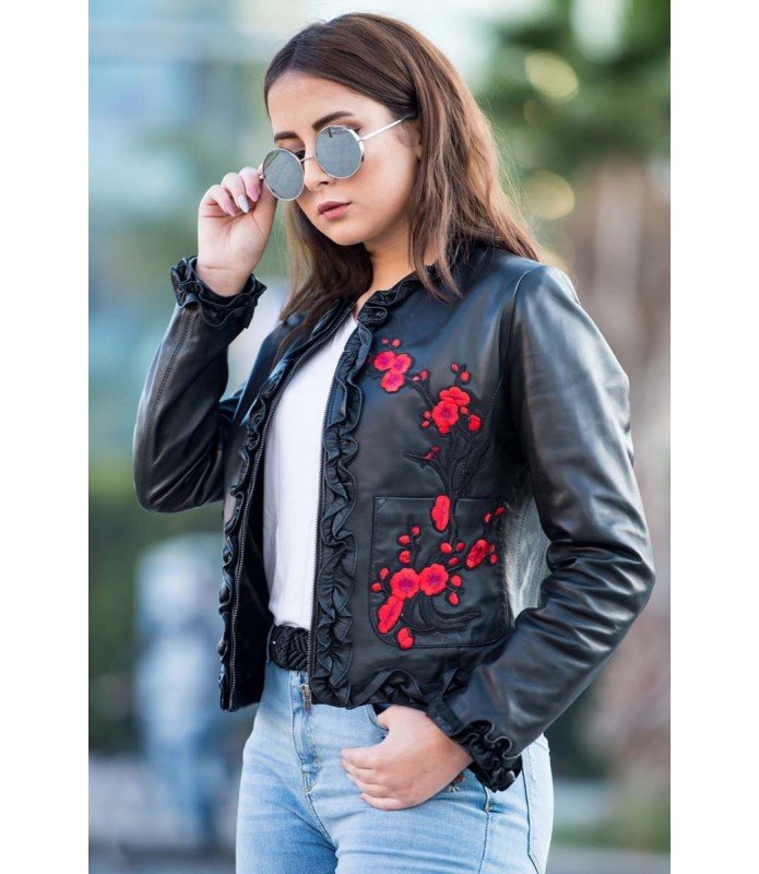 black leather jacket with embroidery